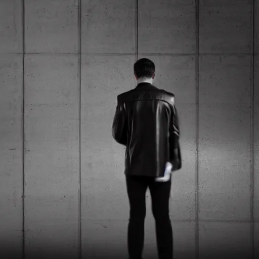 Prompt: a motion blurred young man in black leather, in a bleak industrial brutalist landscape