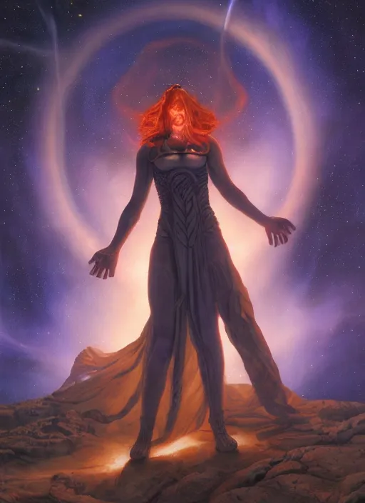 Prompt: biblical beautiful female druid android, bright glowing veins, in clouds, in front of a black hole, sunset, supernova, by gerald brom, by peter elson, muted colors, extreme detail, reflections, trending on artstation, 8 k