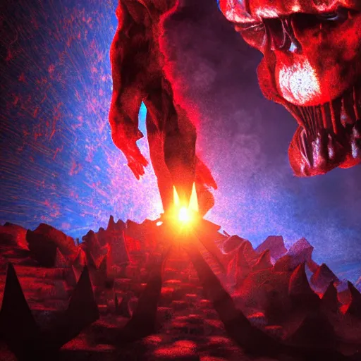 Image similar to hell is made out of fiery ice, cyperpunk, high detail, lens flares