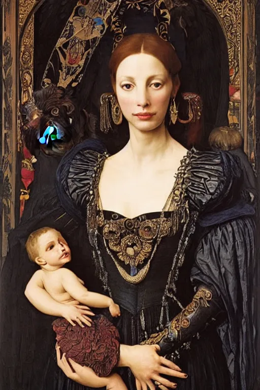 Prompt: very beautiful portrait of christine turlington as princess of the dark tattoo world, 1 0 small magical monster in her arms at the front, by jan van eyck, frederic leighton, mysticism, intricate, highly ornate dark silvery trim armoury
