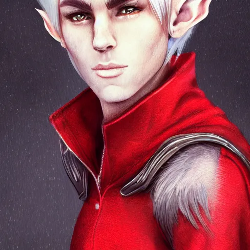 Image similar to a highly detailed portrait of a male elf with white hair, in red clothes, artstation, deviantart, professional, photorealistic