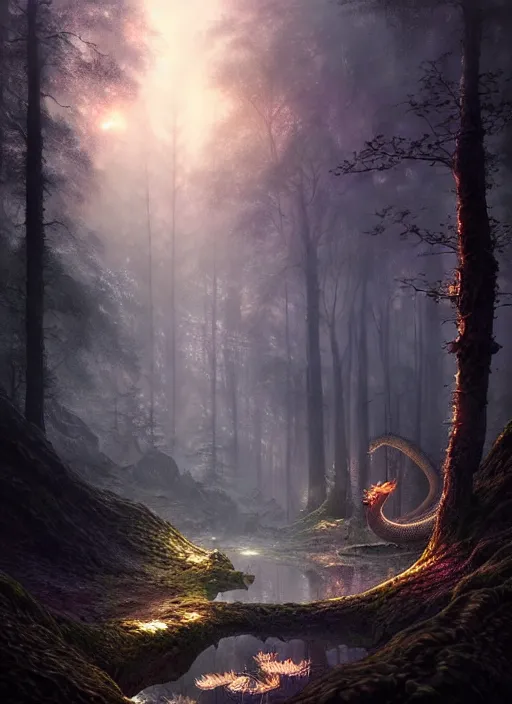 Image similar to fantasy forest landscape, dragon scales, fantasy magic, dark light night, intricate, elegant, sharp focus, illustration, highly detailed, digital painting, concept art, matte, art by WLOP and Artgerm and Greg Rutkowski, masterpiece