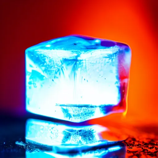 Prompt: High definition professional photography of an ice cube that is on fire, 8k, studio lighting