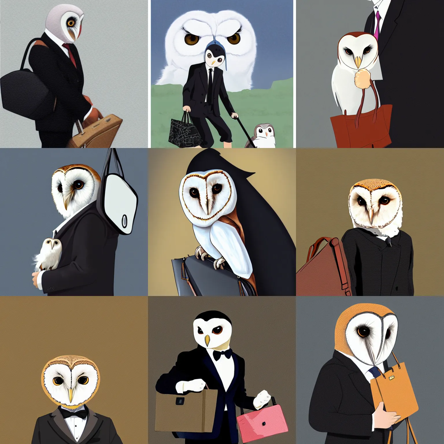 Prompt: digital oil painting of a cute barn owl in a black suit wearing an office bag going to the office, by Hayao Miyazaki