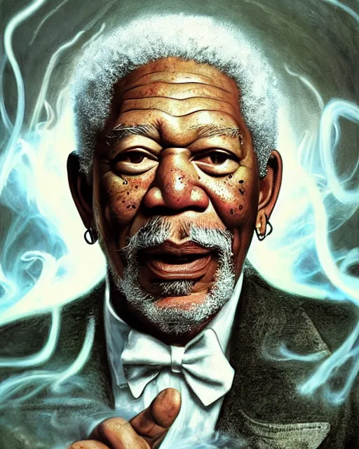 Prompt: a highly detailed portrait of Morgan Freeman as a devious male magician radiating a powerful energy aura, ornate back tuxedo, wispy tendrils of smoke, swirling vortex of energy, performance art, intricate, digital painting, old english, raining, sepia, particles floating, whimsical background by marc simonetti, art by artgerm and greg rutkowski and alphonse mucha