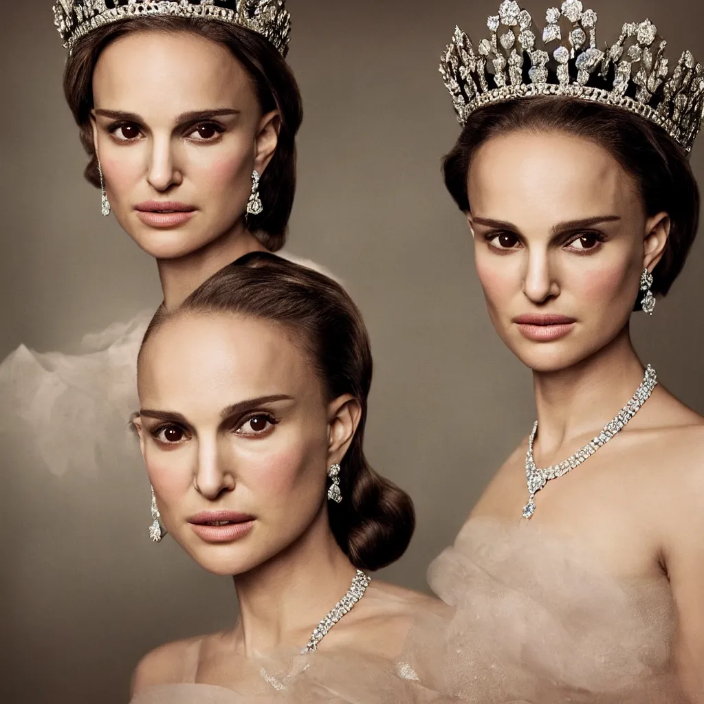 Image similar to natalie portman as the queen of england, big crown adorned with emerald, diamonds, topaz and other jewellaries, sensual, beautiful soft light failling on her face, zoomed out, studio photography, nikon 3 5 mm portrait photography, ultra realistic