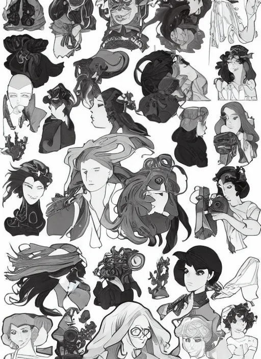 Image similar to photographer character design on white background, drawn by studio ghibli, alphonso mucha, lolish, trending on artstation