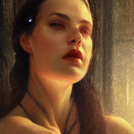 Prompt: detailed face of a woman, moment, cyberpunk cloisters, electronic billboards, tech noir, wet reflections, atmospheric, ambient, livia prima, greg rutkowski, edward hopper