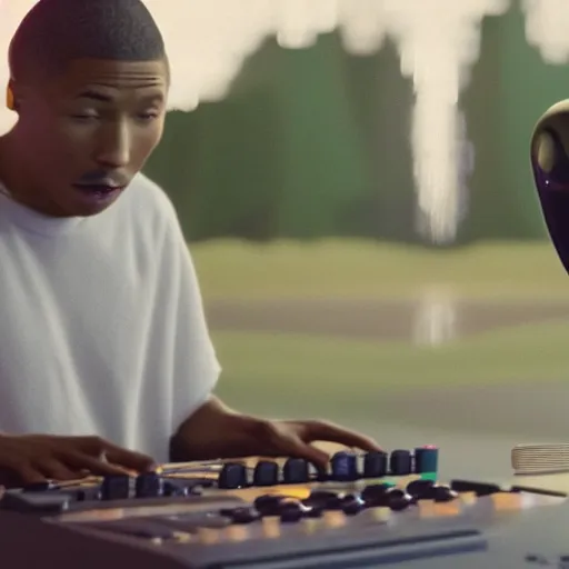 Image similar to cinematic film still of Pharrell Williams Making A Beat with an anthropomorphic alien, Japanese VFX, 2018, 400mm lens, f1.8, shallow depth of field,film photography