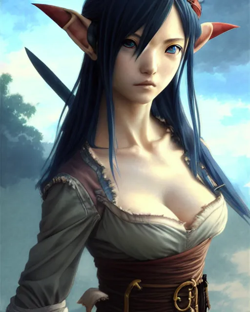 Prompt: portrait Anime Pirate Elf Soft fine face, pretty face, realistic shaded Perfect face, fine details. Anime. Antique Renaissance realistic shaded lighting by katsuhiro otomo ghost-in-the-shell, magali villeneuve, artgerm, rutkowski Jeremy Lipkin and Giuseppe Dangelico Pino and Michael Garmash and Rob Rey