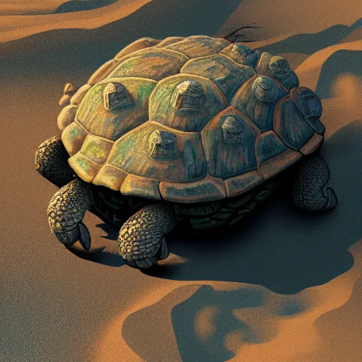 Image similar to gargantuan tortoise with a large fantasy castle armor walking through a sandy wasteland, inspired by howls moving castle and mortal engines, mid - distant shot centered birds eye view, fantasy, hyper detailed, 4 k