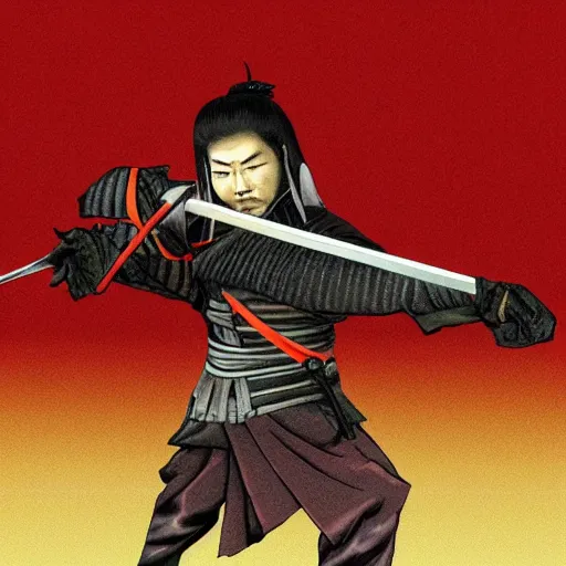 Prompt: samurai action pose with katana in the style of deschambault, martin