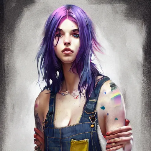 Prompt: realistic grungy woman with rainbow hair, soft eyes and narrow chin, dainty figure, long hair straight down, torn overalls, basic white background, side boob, symmetrical, single person, style of by Jordan Grimmer and greg rutkowski, crisp lines and color,