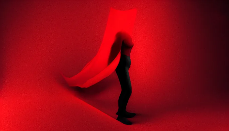 Image similar to enigmatic figure wrapped in red sheet in darkness, high contrast, hard light, digital art, rendering, cloth simulation, redshift