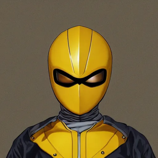 Prompt: symmetry!! portrait, head and body, yellow ranger, thunderbolt shaped eyeshade!!, artstation, art by murata, art by oda echiiro, art by tatsuki fujimoto, lightning helmet, 3 d, jumpsuit, gloves, futuristic poster,