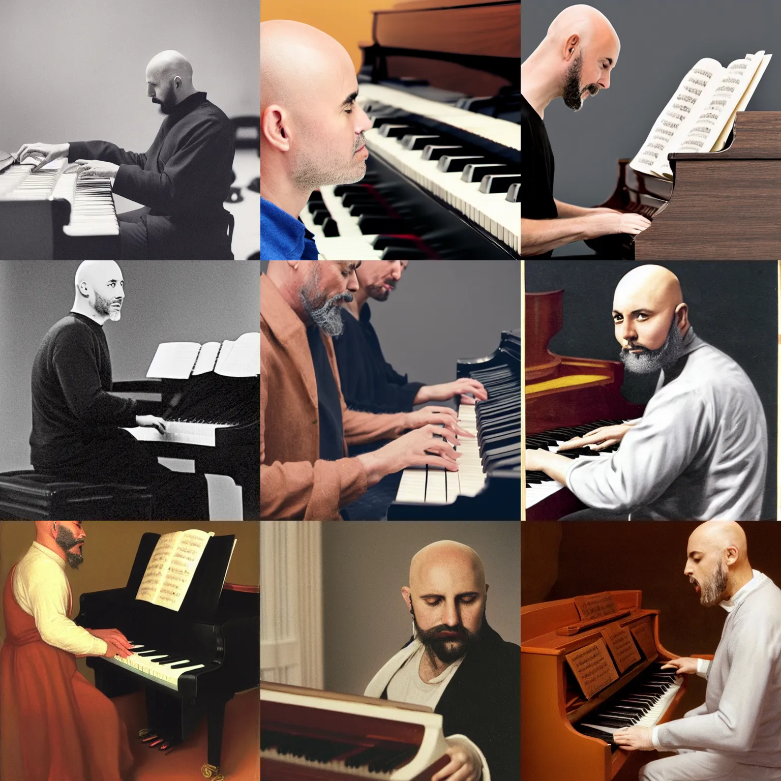 Prompt: bald man with goatee playing piano