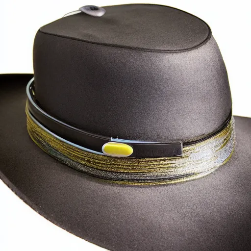 Image similar to [high tech cowboy hat in futuristic colours and fabrics, object design, couture]