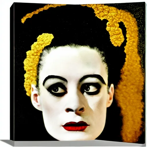 Image similar to a dramatic cinematic portrait photograph of bride of frankenstein influenced by gustav klimt.