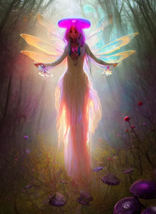 Image similar to stunningly beautiful female faerie priestess in amanita muscaria forest landscape, symmetrical wings on back, neon hair, fantasy art, wearing a dress of gossamer gold, dark light night, sharp focus, digital painting, 4 k, concept art, art by wlop, greg rutkowski and alphonse mucha, brom, face by otto schmidt