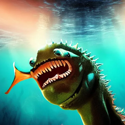 Image similar to sea monster about to eat pov underwater, big eyes, terrifying, hyper realistic, 8 k cinematic