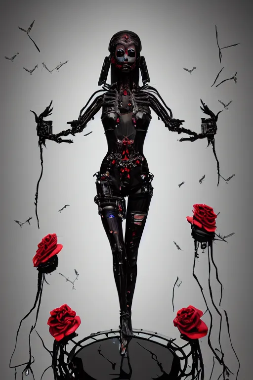 Image similar to full-body cyberpunk style sculpture of a young beautiful dark priestess, half android with a head opening exposing circuitry, glowing red eyes, black roses, flowing blood red colored silk, fabric, candles, baroque elements, human skull, full-length view. baroque element. intricate artwork by Caravaggio. crows flying in background. Trending on artstation, octane render, cinematic lighting from the right, hyper realism, octane render, 8k, depth of field, 3D