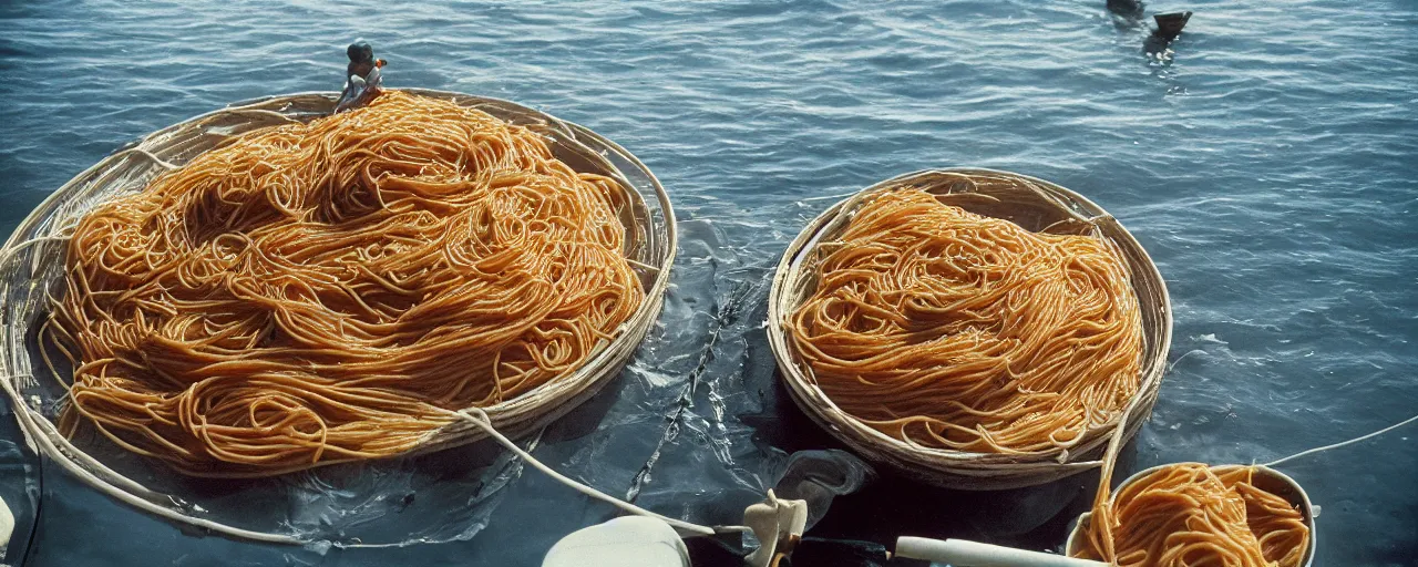 Image similar to spaghetti floating on the surface of the ocean, fisherman in the background, small details, intricate, sharply focused, canon 5 0 mm, wes anderson film, kodachrome