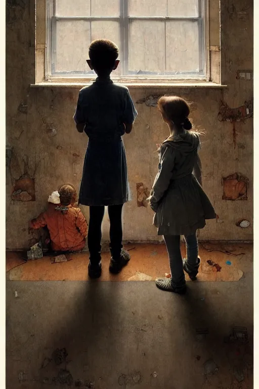 Image similar to a 1 2 year old boy and 3 year old girl looking at a wall full of ghosts, part by norman rockwell, part by greg rutkowski, part by mattias adolfsson, high angle, ( ( ( ( volumetric lighting ) ) ) ), oil on canvas