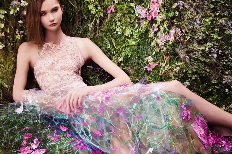 Image similar to cute cybernetically - enhanced young model in nature wearing valentino 2 0 1 3 spring floral, lace, patterned, sheer skirt, lounging by a holographic waterfall, tranquil cyber fashion photoshoot