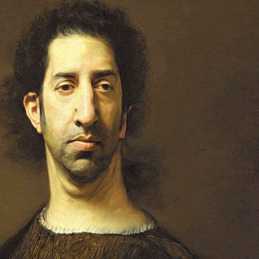 Prompt: A beautiful portrait of David Schwimmer by Rembrandt van Rijn; masterpiece; masterpiece; masterpiece; masterpiece; masterpiece