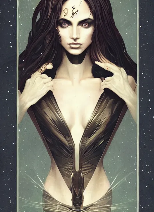 Image similar to tarot!!, high priestess, no noise, elegant, concept art, sharp focus, beautiful face!!, digital art, smooth defined outlines!!, human anatomy, human structure, vector background, dark fantasy, by Brom, trending on Artstation, Tom Bagshaw, Sargent