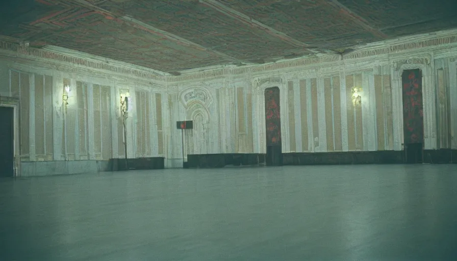 Image similar to 60s movie still of a sovietic stalinist style empty opera, cinestill 800t 50mm eastmancolor, liminal Space style, heavy grain-s 150