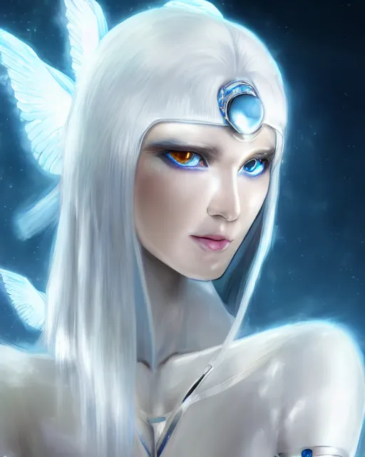 Image similar to perfect white - haired attractive egyptian goddess with large white dove wings, android body, beautiful, symmetric, dreamy, pretty face, blue eyes, detailed, scifi platform, laboratory, experiment, 4 k, ultra realistic, epic lighting, illuminated, cinematic, masterpiece, art by akihito tsukushi, voidstar