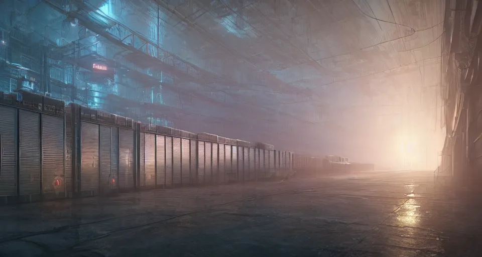 Prompt: illustration of rows of cryopods in a cold warehouse, refrigerated storage facility, rolling fog, greg rutkowski, cyberpunk, dramatic lighting, unreal engine 5, colorful