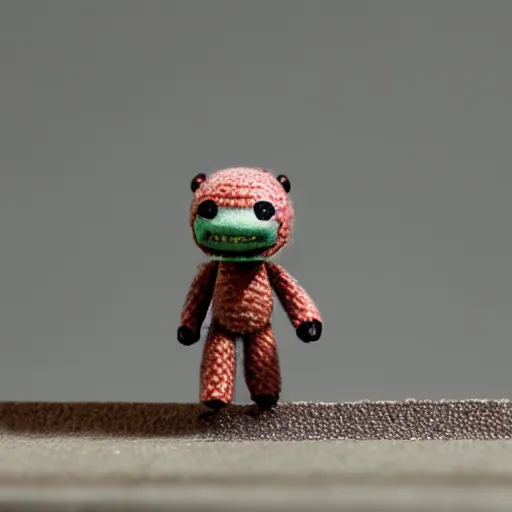 Prompt: 5 0 mm film, macro photography of n scale miniature littlebigplanet sackboy figure