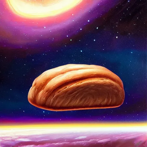 Image similar to loaf of bread in space, stylish painting, dramatic, bread, milky way galaxy, artstation award, concept art