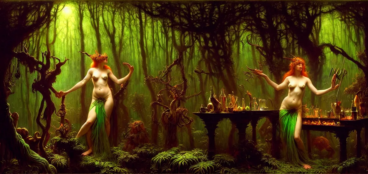 Prompt: forest druid sorceress at a dj booth, hard lighting, full body, primal, natural, lush, goa party, green and black colors, at night, moonshine, crowded, mist, painting by gaston bussiere, craig mullins, j. c. leyendecker, lights, art by ernst haeckel, john william godward, hammershøi