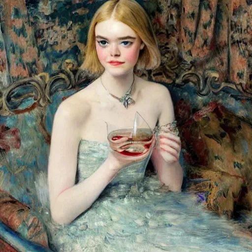 Image similar to elle fanning holding a martini, extremely detailed masterpiece, illustration, by william merritt chase,