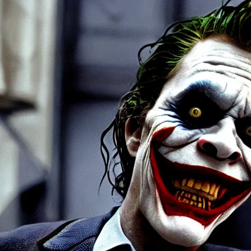 Image similar to Willem Dafoe as The Joker, film still from The Dark Knight, detailed, 4k