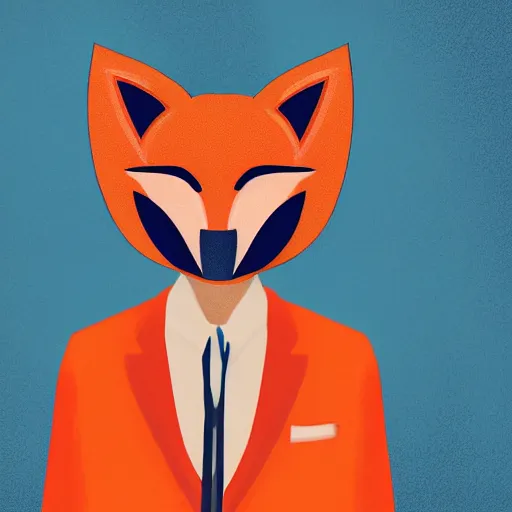 Image similar to “Young man wearing an orange-gala-fox-mask, darkblue suit and fluffy foxtail, digital art”