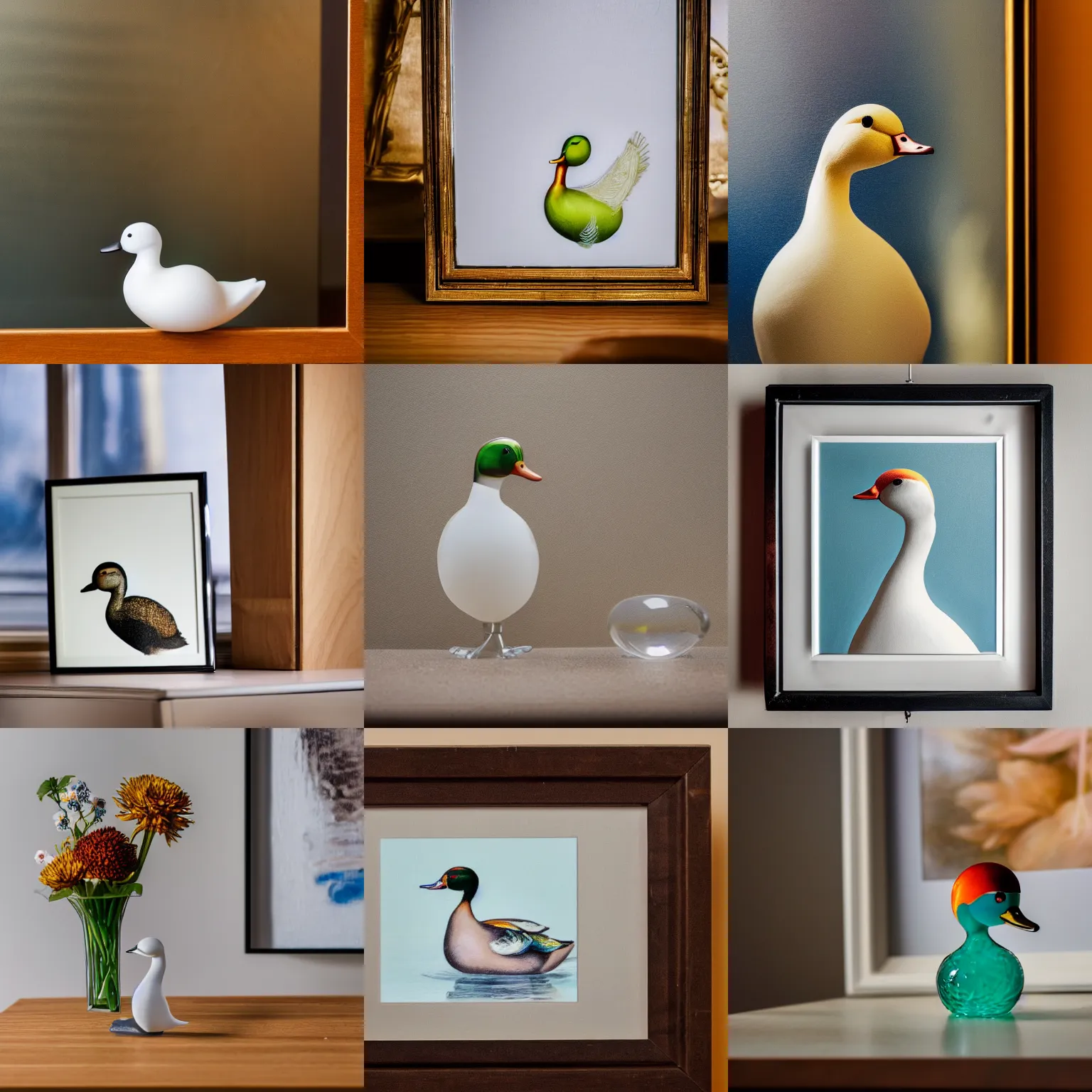 Prompt: a close up photo of a framed painting in the background, a clear glass duck on a table, professional photography, sigma 8 5 mm f / 8