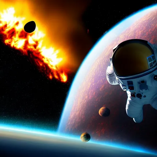 Image similar to astronaut stranded on planet, destroyed ship that is crash landing, exploding planet in background, fire, white smoke, impending fear, 4 k, dystopian, lonely, isolated space station in space, sci - fi, crash landing, asteroids.