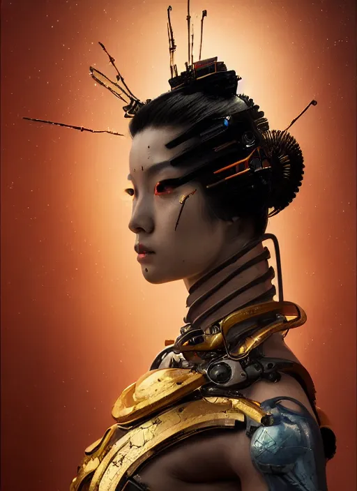 Image similar to portrait of a futuristic geisha cyborg, kintsugi, modern fine art, fractal, intricate, elegant, highly detailed, digital photography, subsurface scattering, by jheronimus bosch and greg rutkowski,