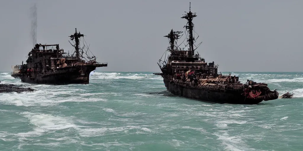 Prompt: sri lankan mad max style, ocean, big ship, film still, epic shot cinematography, rule of thirds