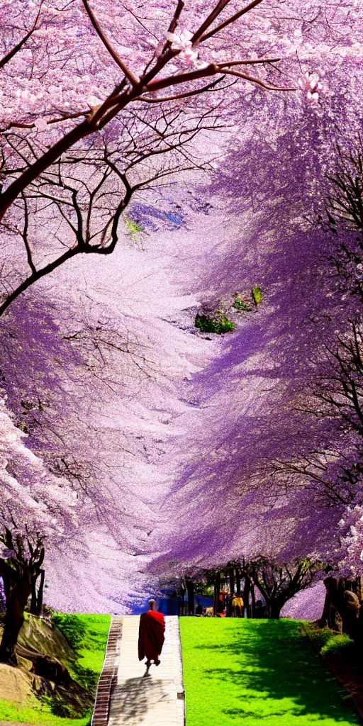 Prompt: A monk walks up stairs lined with cherry blossom trees and jacaranda trees