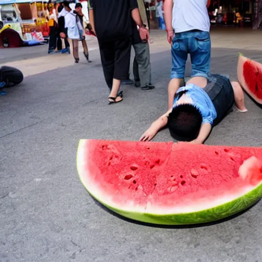 Prompt: a chinese fat guy lay on the ground with blood in a melon stall