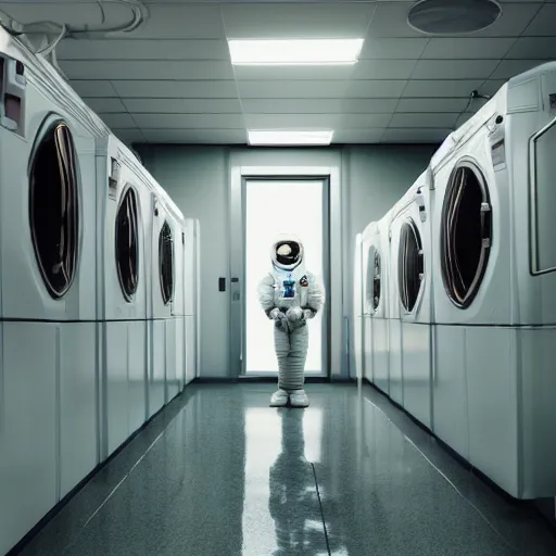 Prompt: a beautiful photo of an astronaut waiting in an self-service automatic laundry room, soft light, morning light, photorealistic, realistic, octane, 8k, cinematic shot