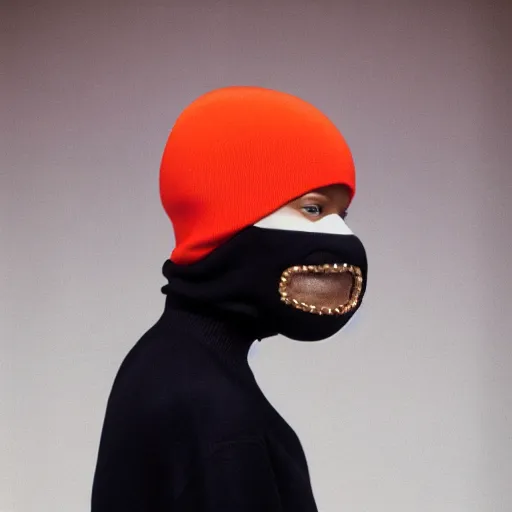 Image similar to realistic! photoshoot for a new balenciaga lookbook, color film photography, portrait of a beautiful woman wearing a balaclava puffer mask, photo in style of tyler mitchell, 35mm lens