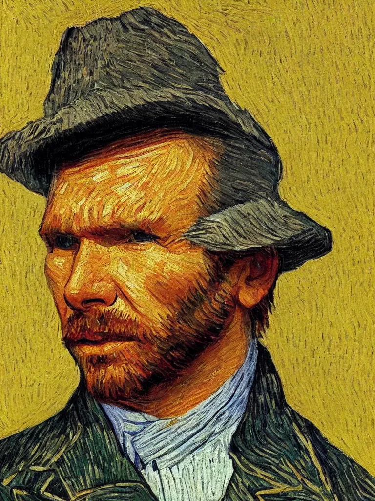 Prompt: harrison ford in the style of van gogh self portrait, face, detailed, sharp focus