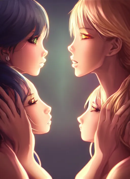 Image similar to two beautiful mothers staring at each other, gorgeous faces, smooth, thick lines, cinematic lighting, detailed anime art