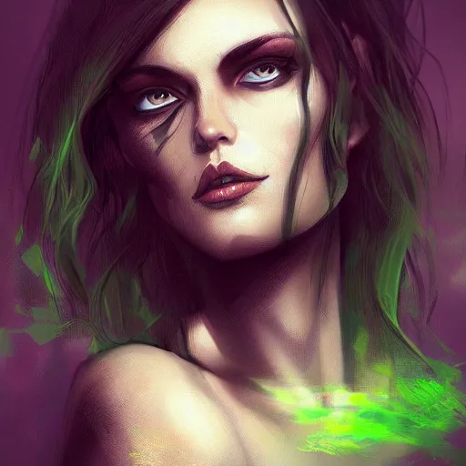 Prompt: Woman with green eyes, dark, menacing, artstation, digital art